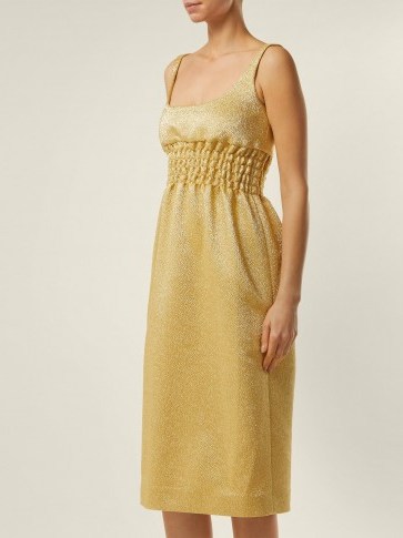 EMILIA WICKSTEAD Giovanna ruched gold lamé midi dress | vintage style party dress | retro occasion wear - flipped