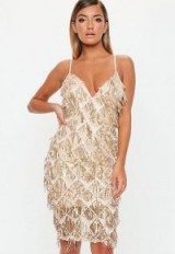Missguided gold fringe sequin midi dress | glamorous plunge front party dresses