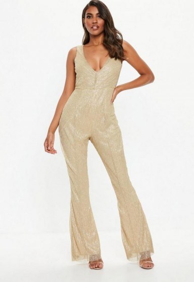 Missguided gold metallic plisse jumpsuit | plunging party fashion - flipped