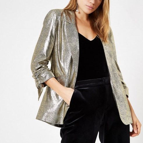 RIVER ISLAND Gold metallic ruched sleeve blazer – glamorous party jackets - flipped