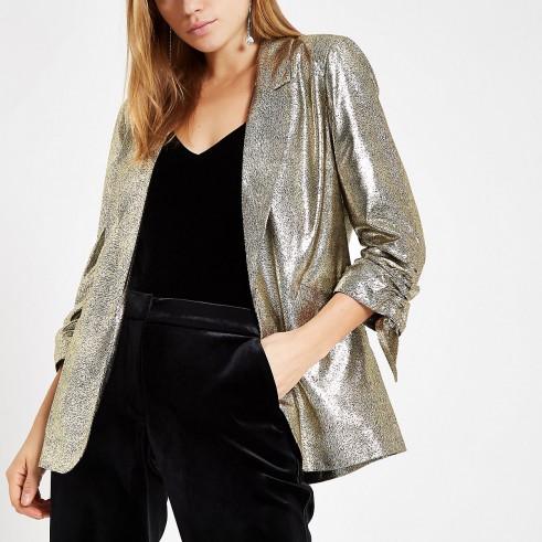 RIVER ISLAND Gold metallic ruched sleeve blazer – glamorous party jackets