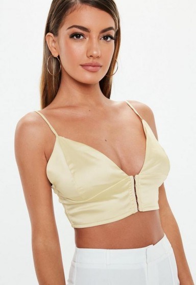 MISSGUIDED gold satin hook and eye bralet – strappy cropped party tops - flipped