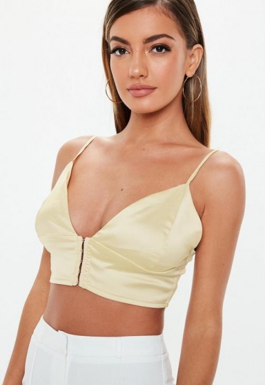MISSGUIDED gold satin hook and eye bralet – strappy cropped party tops