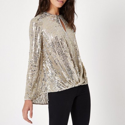 River Island Gold sequin tuck front long sleeve top | glam partywear - flipped