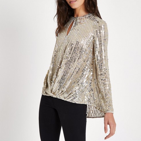 River Island Gold sequin tuck front long sleeve top | glam partywear