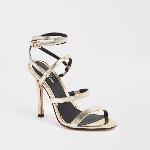 River Island Gold strappy skinny heel sandals | party heels - flipped