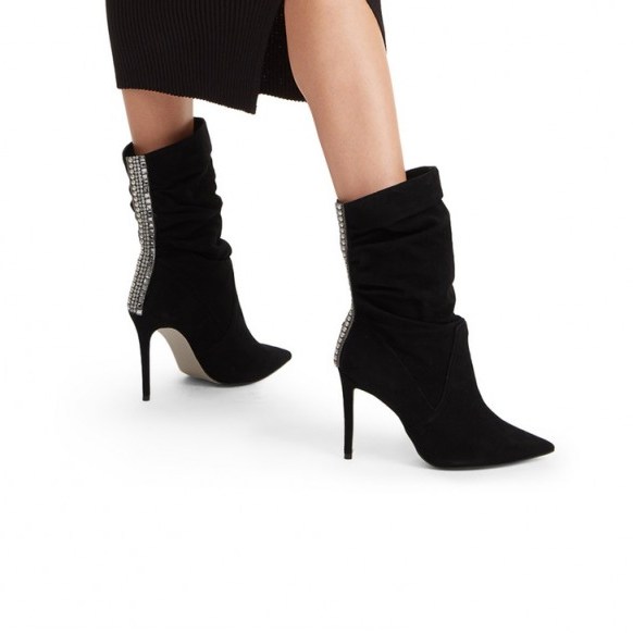 CARVELA GRAND Black Suede Stiletto Heel Calf Boots – embellished gathered boot - flipped