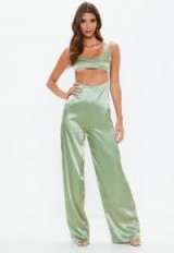 MISSGUIDED green cut out satin jumpsuit – glamorous going out fashion