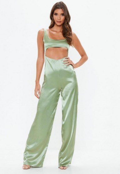 MISSGUIDED green cut out satin jumpsuit – glamorous going out fashion - flipped