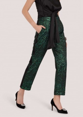 Closet Green Jacquard Slim Leg Trouser With Satin Side Stripe – metallic style partywear - flipped