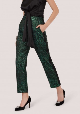 Closet Green Jacquard Slim Leg Trouser With Satin Side Stripe – metallic style partywear