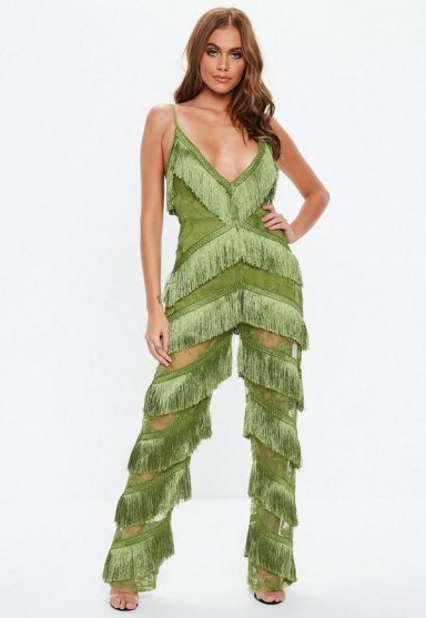 Missguided green plunge fringe lace jumpsuit | semi sheer jumpsuits - flipped