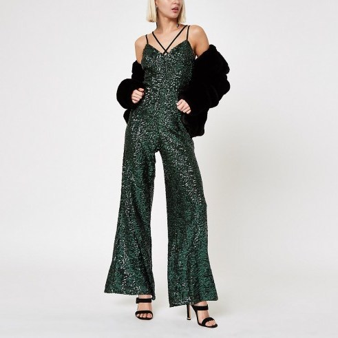 RIVER ISLAND Green sequin cami strap jumpsuit – glittering partywear - flipped