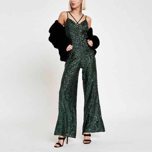 RIVER ISLAND Green sequin cami strap jumpsuit – glittering partywear