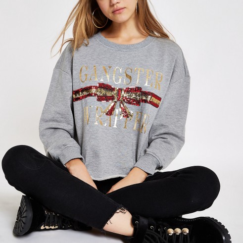 River Island Grey ‘Gangster wrapper’ Christmas sweatshirt | Xmas slogan sweat top