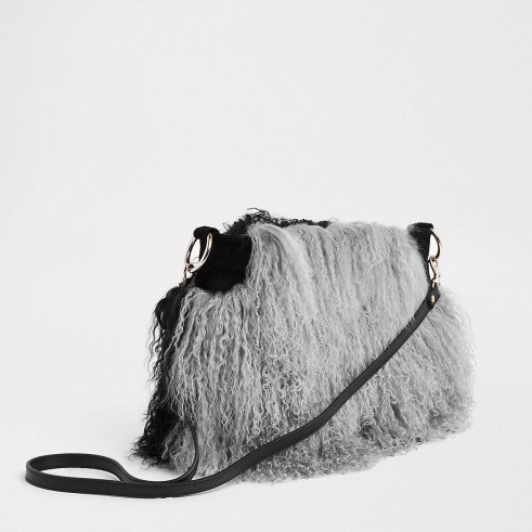 RIVER ISLAND Grey leather Mongolian fur cross body bag / shaggy bags - flipped