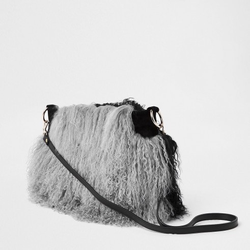 RIVER ISLAND Grey leather Mongolian fur cross body bag / shaggy bags