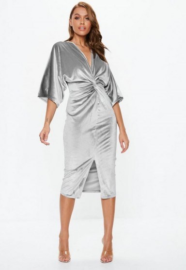 Missguided grey velvet plunge twist front midi dress | party glamour - flipped