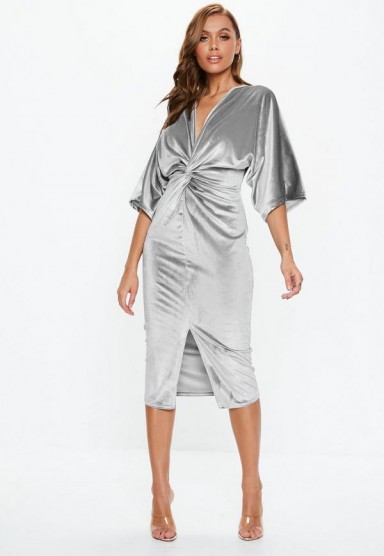 Missguided grey velvet plunge twist front midi dress | party glamour