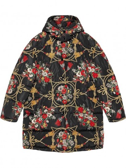 GUCCI Black padded cape coat with flowers and tassels - flipped