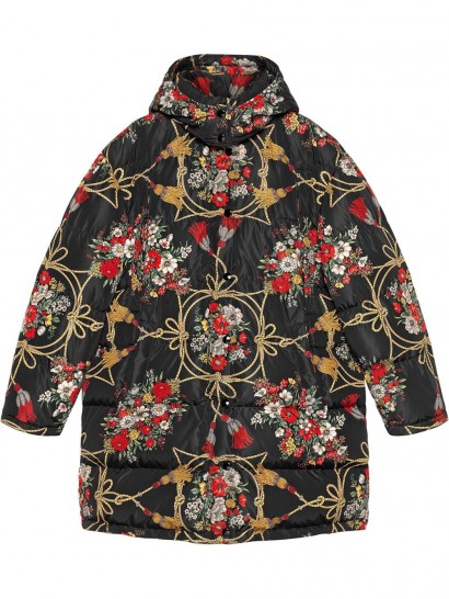 GUCCI Black padded cape coat with flowers and tassels