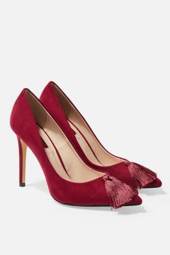 TOPSHOP GUMBO Tassel Court Shoes in burgundy – embellished party heels - flipped