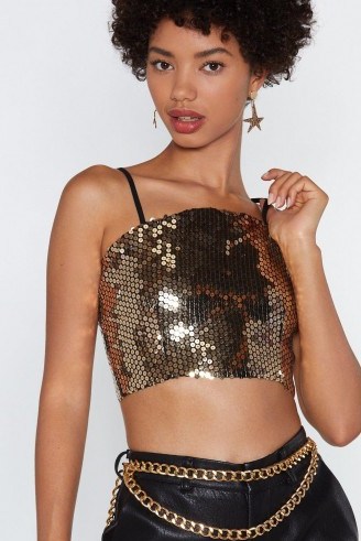 NASTY GAL Hot Stuff Sequin Crop Top in Gold | glittering cami cropped party camisole - flipped