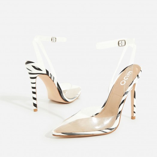 EGO Icon Perspex Barely There Heel In Zebra Print Patent