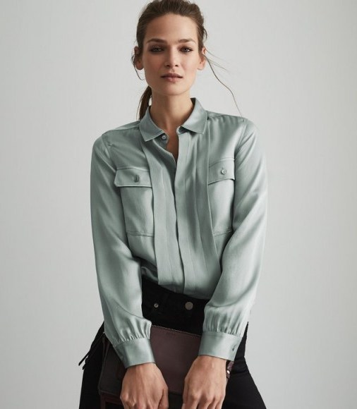 REISS INDRA SILK TWIN POCKET BLOUSE PALE AQUA ~ luxe style shirt - flipped