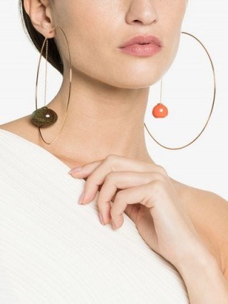 Jacquemus Gold-Tone L’Orange Dangling Pendant Hoop Earrings / orange and green stone statement jewellery - flipped