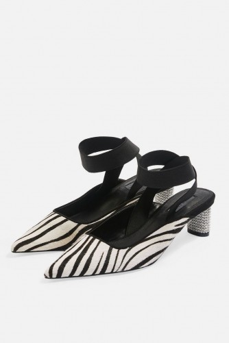 Topshop JAX Pointed Zebra Print Diamante Heel Shoes in Monochrome
