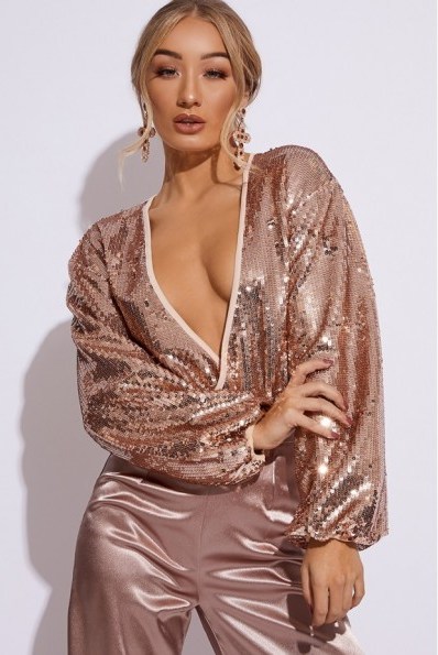 IN THE STYLE JAYNAH GOLD SEQUIN BALLOON SLEEVE BODYSUIT – instant party glamour - flipped