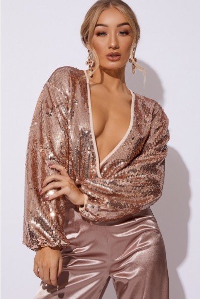 IN THE STYLE JAYNAH GOLD SEQUIN BALLOON SLEEVE BODYSUIT – instant party glamour