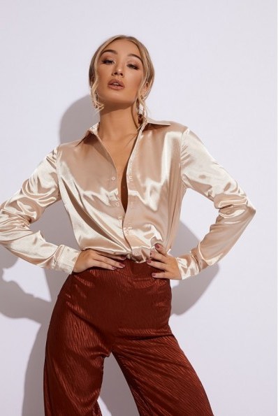 IN THE STYLE JESSA GOLD SATIN OVERSIZED SHIRT – affordable luxe style fashion - flipped