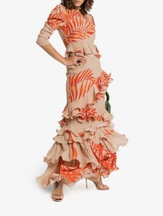 Johanna Ortiz California Dreaming Long Sleeve Palm Print Dress in Camel and Tangerine / romantic fashion - flipped