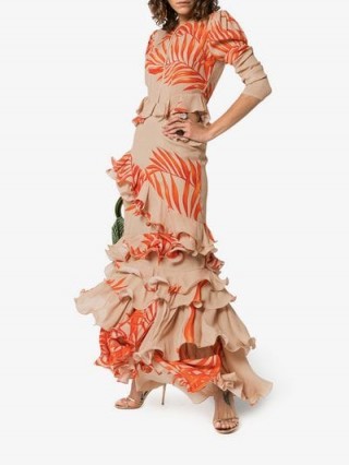 Johanna Ortiz California Dreaming Long Sleeve Palm Print Dress in Camel and Tangerine / romantic fashion