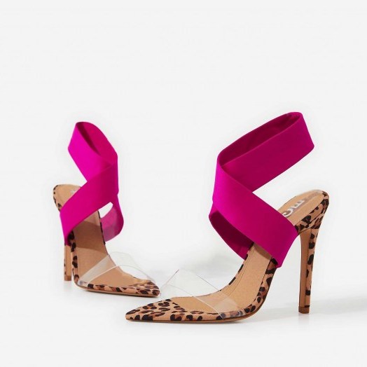 EGO Joma Perspex Detail Heel In Tan Leopard Print Faux Suede – pink ankle strap sandals - flipped