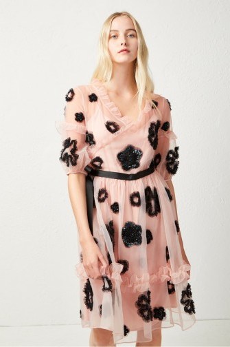 FRENCH CONNECTION JOSEPHINE EMBELLISHED FIT AND FLARE DRESS in Ballet Blush/Black | party princess - flipped