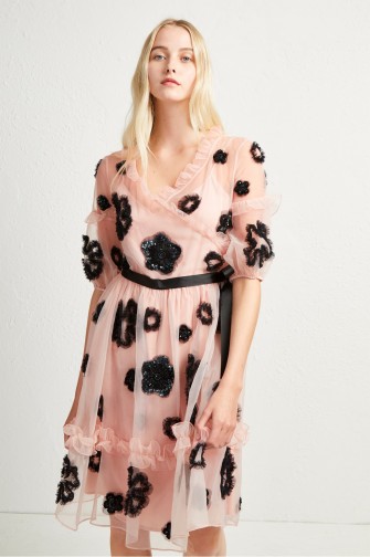 FRENCH CONNECTION JOSEPHINE EMBELLISHED FIT AND FLARE DRESS in Ballet Blush/Black | party princess