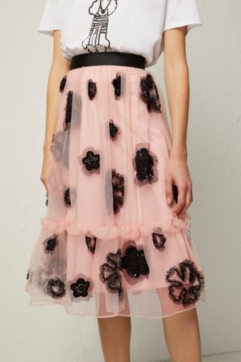 FRENCH CONNECTION JOSEPHINE EMBELLISHED FULL SKIRT in Ballet Blush/Black | pink party skirts - flipped