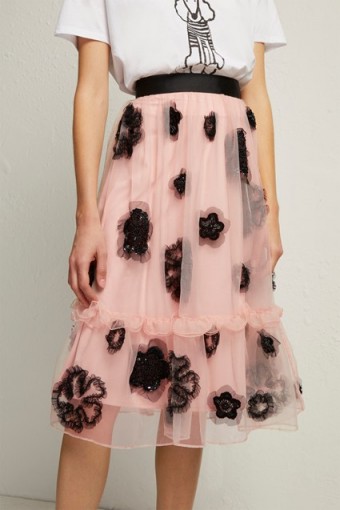 FRENCH CONNECTION JOSEPHINE EMBELLISHED FULL SKIRT in Ballet Blush/Black | pink party skirts