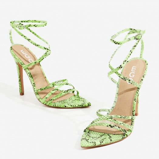 EGO Kaia Pointed Barely There Heel In Neon Green Snake Print Faux Leather – strappy party heels