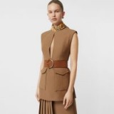 BURBERRY Keyhole Detail Sleeveless Wool Silk Top in Camel ~ brown front keyhole top