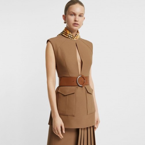 BURBERRY Keyhole Detail Sleeveless Wool Silk Top in Camel ~ brown front keyhole top - flipped