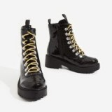 EGO Kris Chunky Sole Lace Up Ankle Biker Boot In Black Croc Print Patent – high shine crocodile embossed combat boots