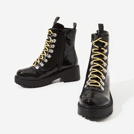 EGO Kris Chunky Sole Lace Up Ankle Biker Boot In Black Croc Print Patent – high shine crocodile embossed combat boots - flipped
