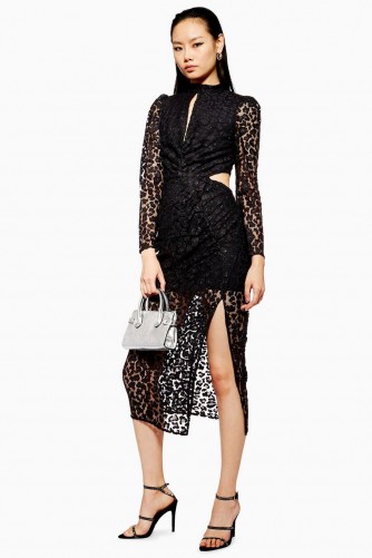 TOPSHOP Lace Cut Out Midi Bodycon Dress in black – semi sheer party dresses