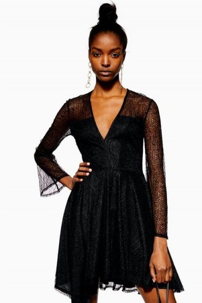 Topshop Lace Hanky Hem Skater Dress in Black | fit and flare party dresses - flipped