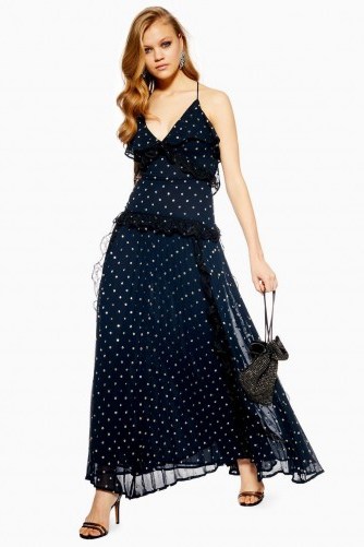 TOPSHOP Lace Metallic Thread Pleat Maxi Dress in navy blue - flipped
