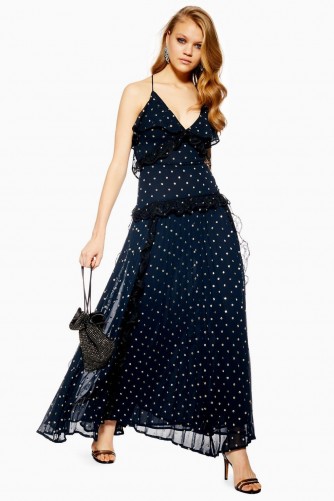 TOPSHOP Lace Metallic Thread Pleat Maxi Dress in navy blue